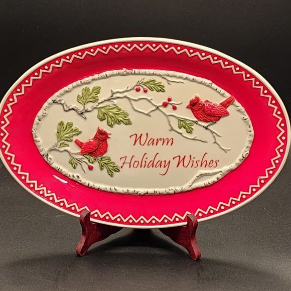 Fitz & Floyd Winterberry " Warm Holiday Wishes " 13" Oval Serving Tray Platter - Picture 2 of 7
